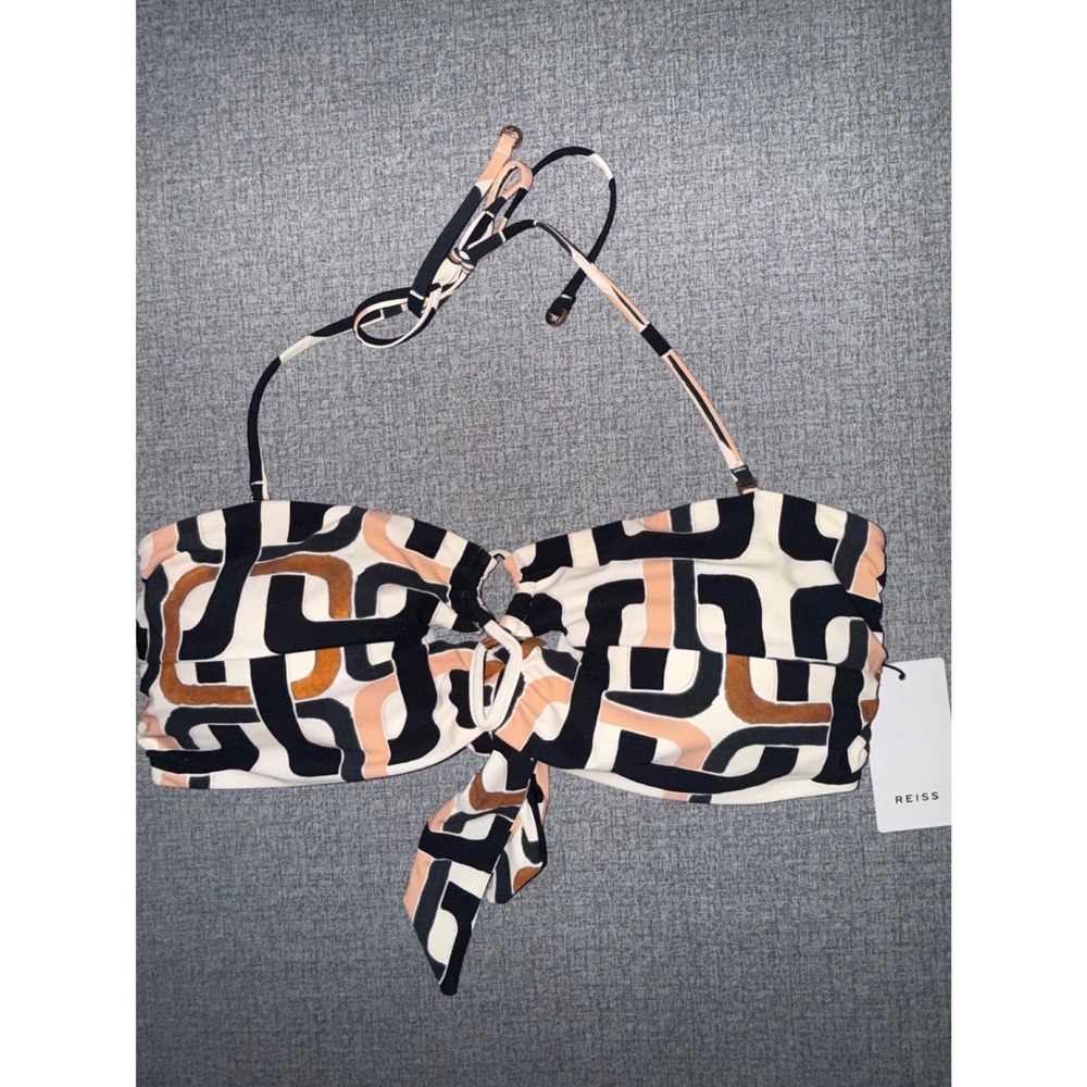 NWT Reiss Size 12 Bikini Top Black Cream Geometric Bandeau Halter Tie Back EU 44